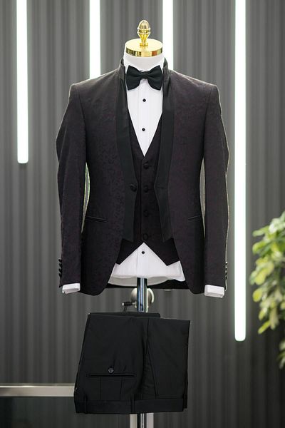 AKÇAYLAR Costum smoking cu model șal cu guler dominator, vestă slimfit, papion, pantaloni negri