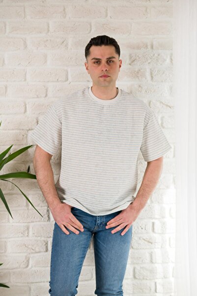 AKÇAYLAR Оверсайз смугаста футболка з велосипедним коміром з льону для літа