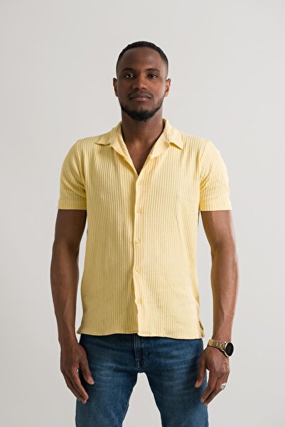 AKÇAYLAR Ανδρικό πλεκτό πουκάμισο Slimfit κοντομάνικο καλοκαιρινό Lycra ριγέ