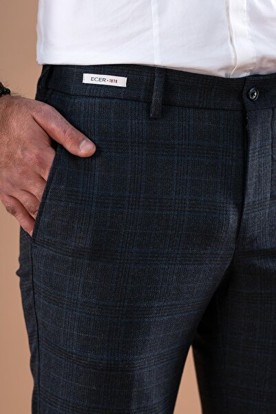 Ecer Beli Lastikli Regular Fit Ekoseli Kışlık Kumaş Pantolon