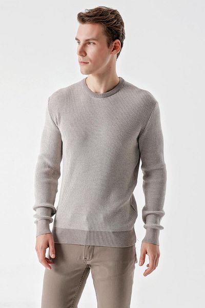 AKÇAYLAR Ανδρικό πλεκτό πουλόβερ με λαιμόκοψη Slimfit με μοτίβο από βαμβάκι