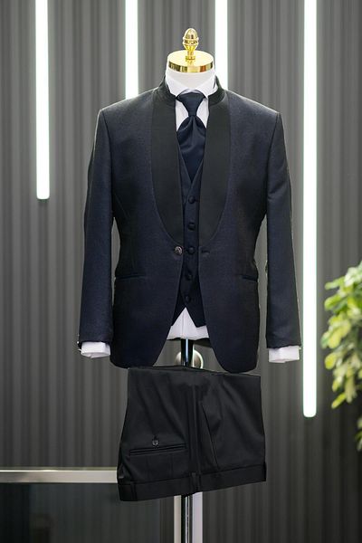 TORRES Costum smoking slimfit cu vestă cu sclipici cu model de guler de judecător și combinație de pantaloni evazați negri