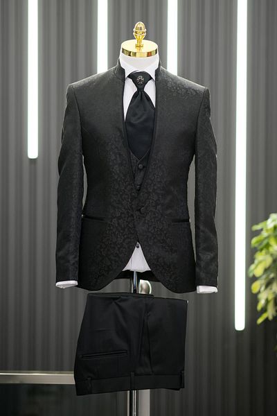 AKÇAYLAR Costum smoking cu model șal cu guler dominator, vestă slimfit, pantaloni evazați negri
