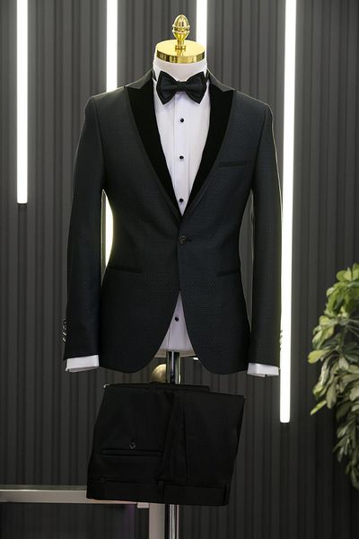 AKÇAYLAR Slimfit Dobby Dovetail Vestă cu guler din catifea Costum smoking cu papion