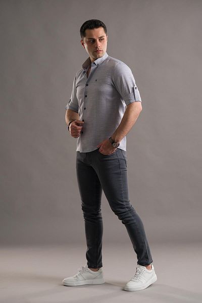 AKÇAYLAR Мъжка риза с дълъг ръкав и яка Slimfit Dobby, с копчета и прегънати копчета