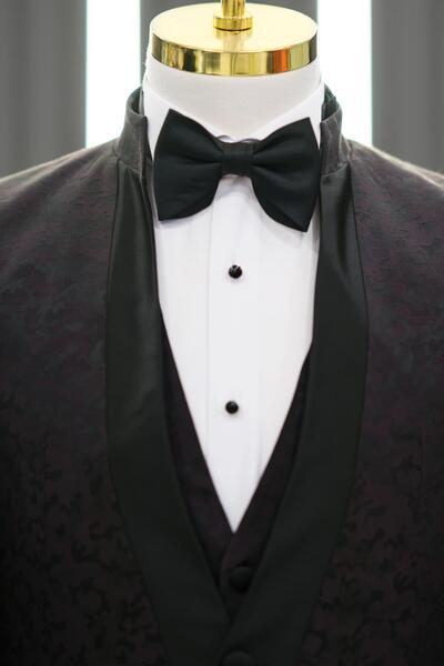 AKÇAYLAR Magnificent Collar Paisley Patterned Slimfit Tuxedo Suit with Vest and Bow Tie and Black Trousers Combination