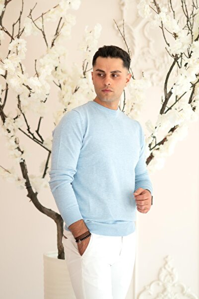 AKÇAYLAR Pulover tricot pentru bărbați, din bumbac, cu decolteu, slimfit