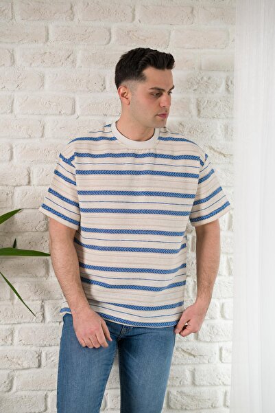 AKÇAYLAR Оверсайз літній футболка з коміром-стійкою та смужками з льону