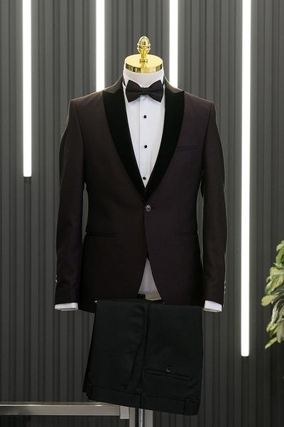 AKÇAYLAR Slimfit Dobby Dovetail Vestă cu guler din catifea Costum smoking cu papion