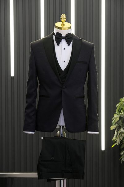 AKÇAYLAR Slimfit (Skinny Cut) Patterned Pointed Collar Tuxedo Suit with Vest and Bow Tie