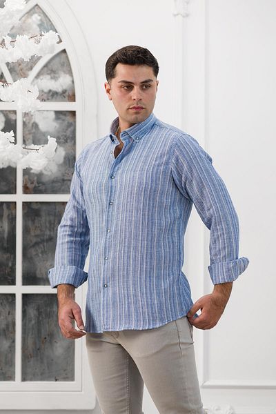 ADVANTE Cămașă de sezon pentru bărbați din țesătură de paie, slimfit, cu guler în dungi