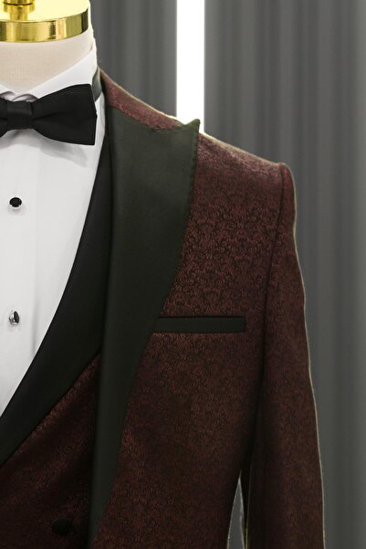 AKÇAYLAR Slimfit (Skinny Cut) Paisley Patterned Pointed Collar Vest and Bow Tie Tuxedo Suit