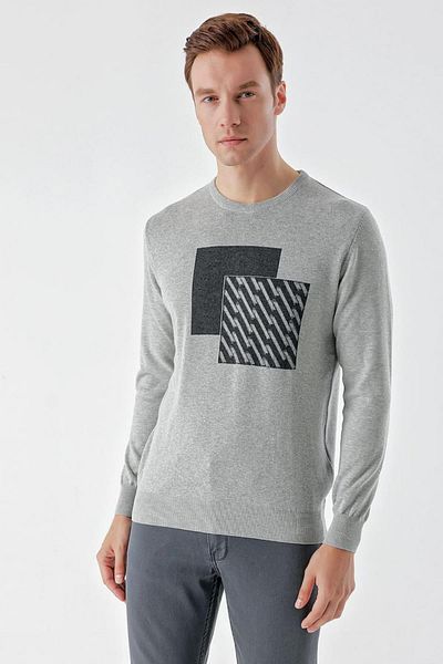 AKÇAYLAR Ανδρικό πλεκτό πουλόβερ Slimfit Crew Neck με μοτίβο μπροστά