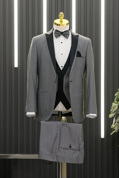 AKÇAYLAR Slimfit Dobby Dovetail Guler cu revere Vestă Papion Costum Tuxedo