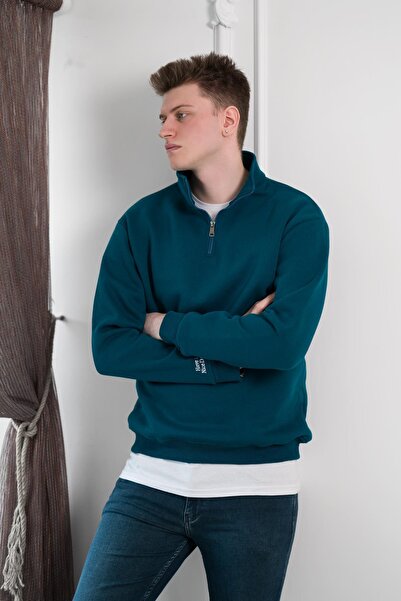 AKÇAYLAR Yarım Fermuarlı Dik Yaka 3 İplik İçi Polarlı Oversize Kışlık Sweatshirt