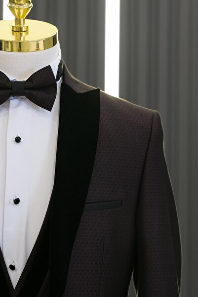 AKÇAYLAR Slimfit Dobby Swallow Velvet Collar Tuxedo Suit with Vest and Bow Tie