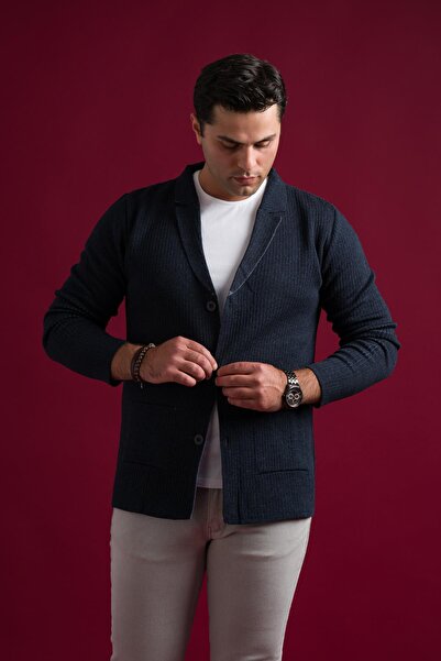 AKÇAYLAR Слімфіт моно комір, кишені, самофарбувальний чоловічий трикотажний кардиган