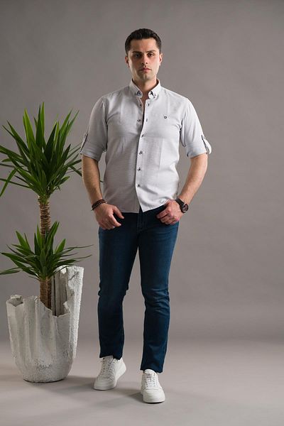 AKÇAYLAR Мъжка риза с дълъг ръкав и яка Slimfit Dobby, с копчета и прегънати копчета