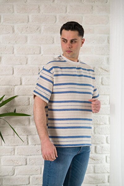 AKÇAYLAR Оверсайз літній футболка з коміром-стійкою та смужками з льону