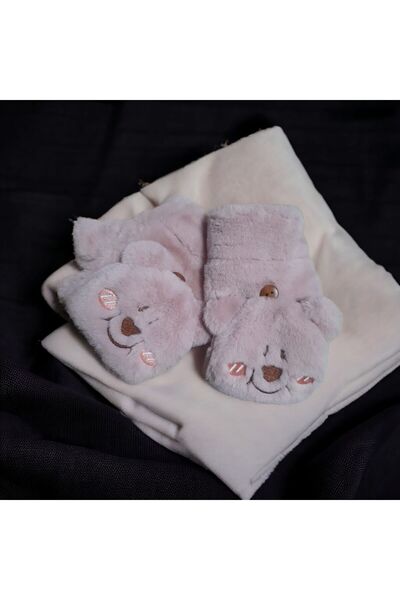 Adalinhome Sevimli Ayı Tasarımlı İçi Kürk Kapağı Düğmeli Premium Peluş Eldiven