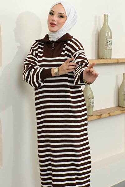 AVSARWEAR Μακρύ πλεκτό φόρεμα Hijab με ριγέ φερμουάρ