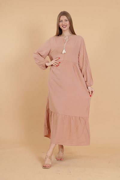 mervemoda فستان نسائي منسوج باللون العنابي بأكمام طويلة