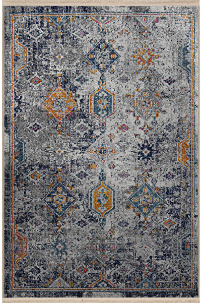Rugs Modern Halı Gri Temalı Geleneksel Motif Desenli Saçaklı Vintage Dekorati...
