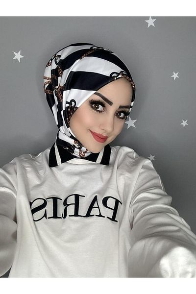 OykumBone DC15 Patterned Snap Fastener Ready Practical Hijab Daily and Pool Bonnet Hijab Women's Shawl Scarf