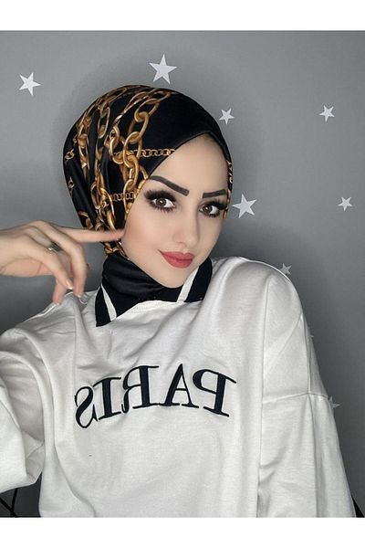 OykumBone DC17 Patterned Snap Fastener Ready Practical Hijab Daily and Pool Bonnet Hijab Women's Shawl Scarf
