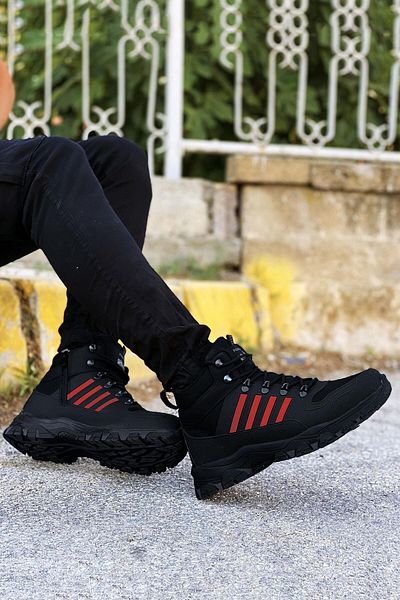BIG KING Cizme de trekking din cauciuc cu dungi unisex, negru și roșu
