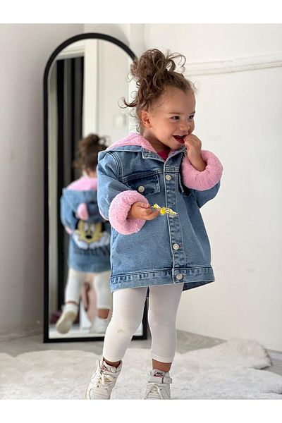 EFE KIDS Palton din denim cu glugă, brodat Mickey, pentru fete
