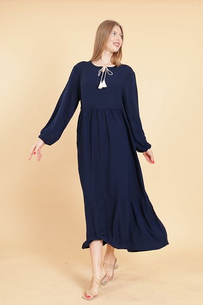 mervemoda Γυναικείο υφαντό φόρεμα σε μπλε ναυτικό μακρυμάνικο ολόσωμο μπορντό