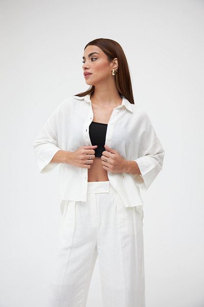 Laluvia Ecru Linen Shirt-Pants Double Set