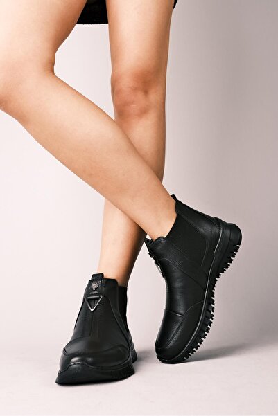 MY DERİ Botine de damă HAkiki din piele cu detalii metalice triunghiulare Amatsu