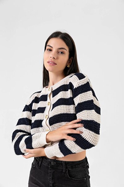 Swana Crop Striped Buttoned Knitwear Cardigan S-M-L-XL Compatible Standard Si...