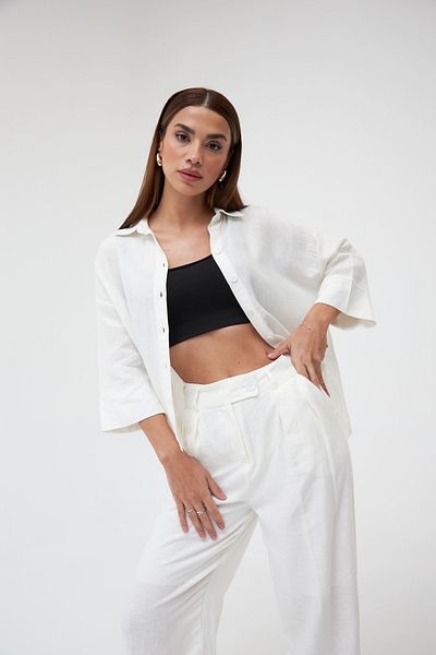 Laluvia Ecru Linen Shirt-Pants Double Set