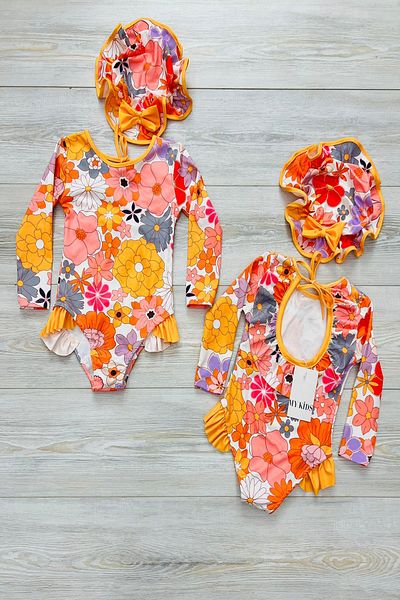 My Kids Wear Costum de baie floral cu pălărie și curea de frânghie cu volan la spate