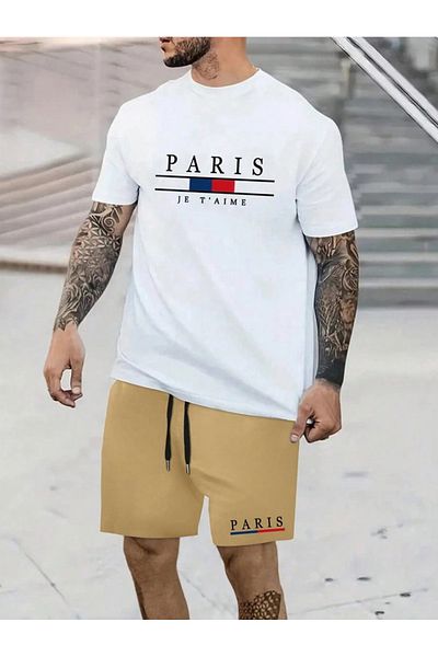 MOONBULL Men's Paris Jet'aime Printed T-shirt-Shorts Set