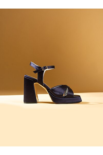 Alemdar Shoes RING Navy Blue Satin Heeled Women's Shoes