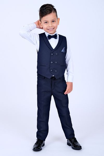 Entel Boy's Tuxedo Suit with Handkerchief, 6-Button Vest and Bow Tie
