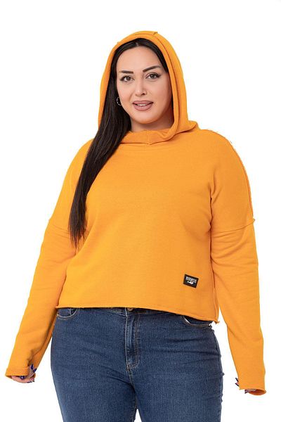 DISENTIS MODEST Plus Size Hooded Low Sleeve Filthy Stitched Three Thread Mustard Sweatshirt