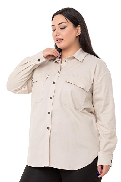DISENTIS MODEST Büyük Beden Kapaklı Cepli Çıtçıtlı Gabardin Bej Rengi Ceket Gömlek