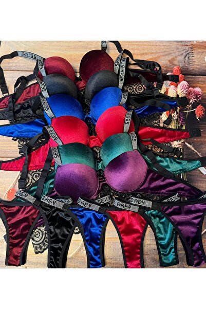 mikam VELVET WRITING DETAILED MODEL PADDED SUPPORTED SPECIAL DESIGN LACE 2-PIECE BRA SET