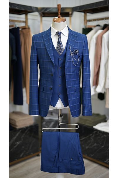 LONATOLİA Men's Plaid Suit Italian Cut Jacket Vest Trousers Slim Fit - Navy Blue
