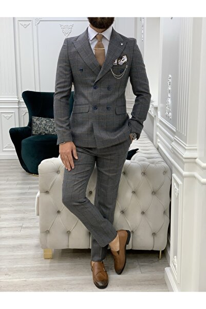 LONATOLİA Erkek Ekoseli Kruvaze Takım Elbise İtalyan Kesim Slim Fit Ceket Pantolon-Antrasit