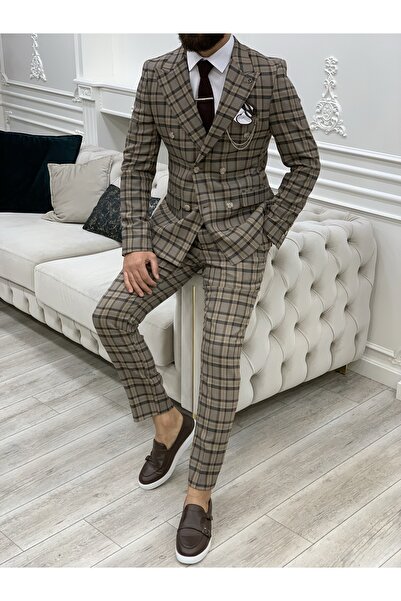 LONATOLİA Men's Plaid Double Breasted Suit Italian Cut Slim Fit Jacket Trousers-Coffee