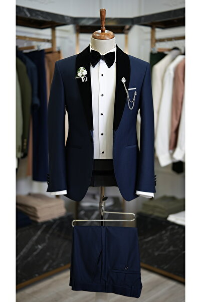 LONATOLİA Erkek Kuşaklı Smokin Damatlık Kadife Şal Yaka İtalyan Kesim Slim Fi...