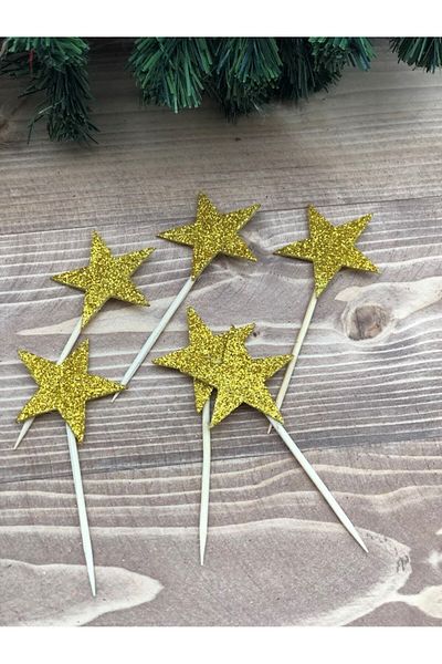 Masalsı Concept 10 Pieces Red Gold Star Motif - Glittered Eva Toothpick, New Year's Tableware Ornament