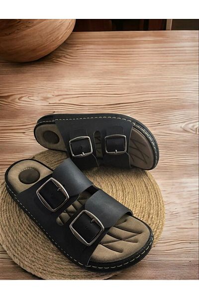 mustey soft leather large size adjustable heel spur prevention double buckle men's slippers