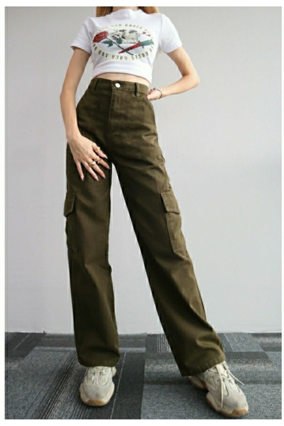 Livik Blugi Cargo de damă cu talie înaltă model Lycra kaki fără buzunar la spate